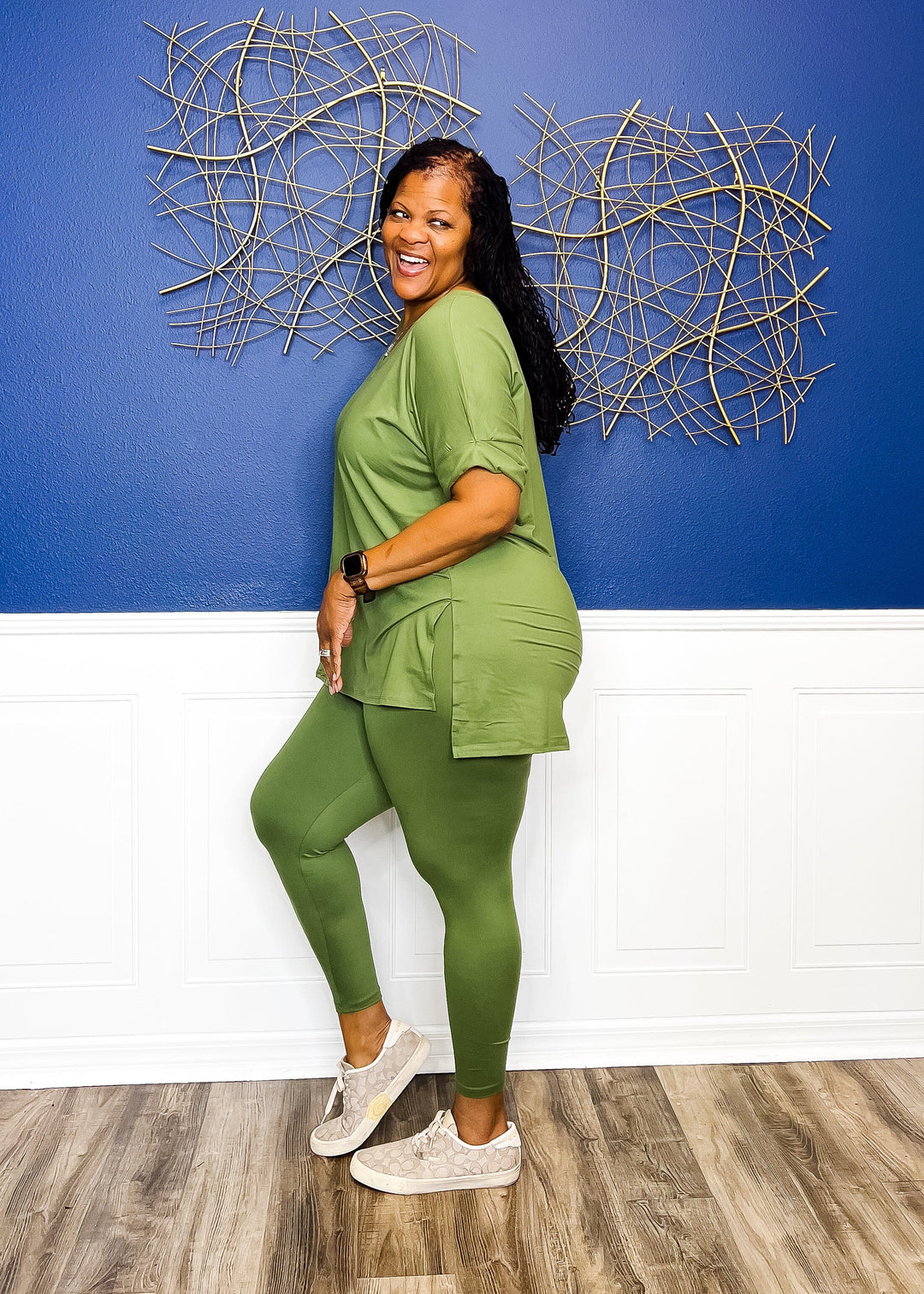 Casual Auntie Two Piece Microfiber Matching Pant Set- Ash Olive Outfit Sets 