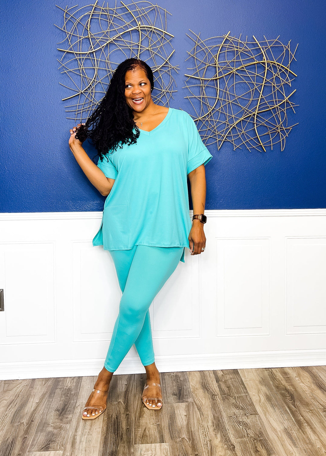 Casual Auntie Two Piece Microfiber Matching Pant Set- Turquoise Outfit Sets 1X 