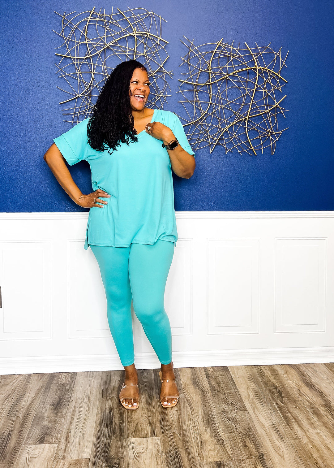 Casual Auntie Two Piece Microfiber Matching Pant Set- Turquoise Outfit Sets 