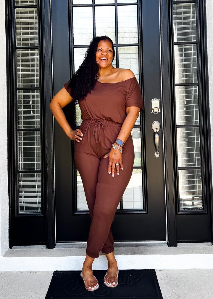 Drawstring Donna Jumpsuit- Brown Outfit Sets 