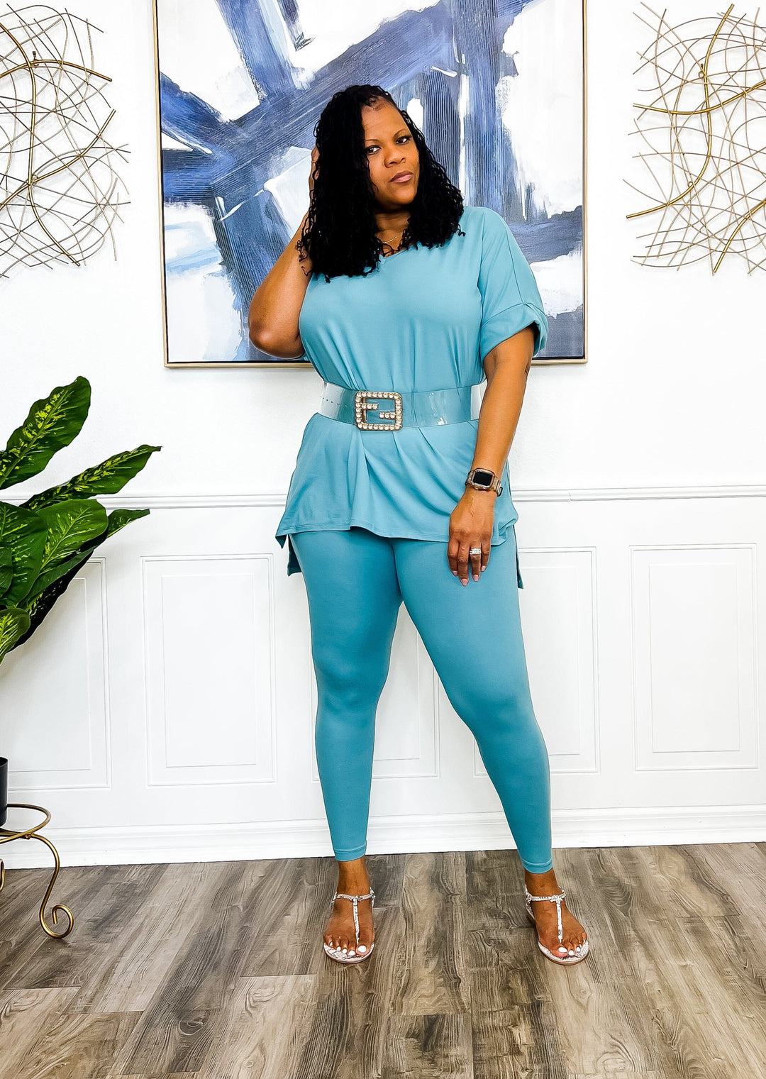 Casual Auntie Two Piece Microfiber Matching Pant Set- Dusty Teal Outfit Sets 