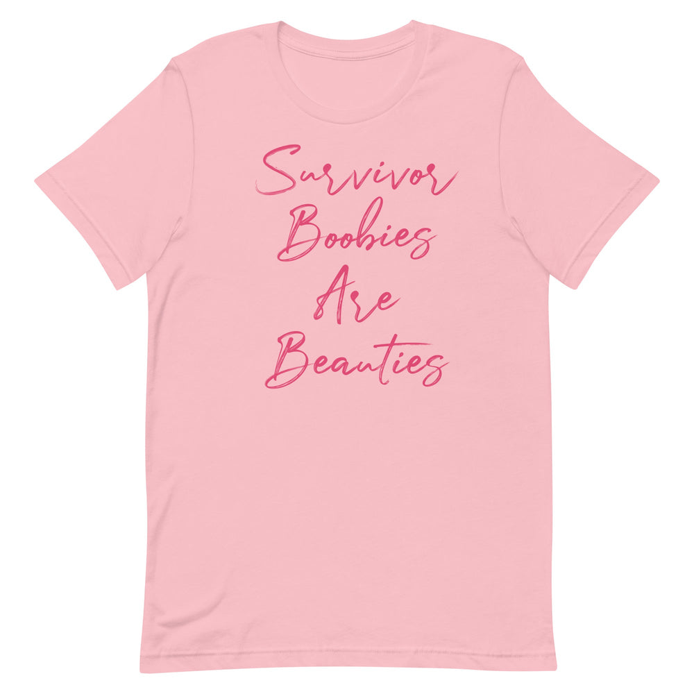 SURVIVOR BOOBIES ARE BEAUTIES WOMEN'S SHIRT - PINK FONT Pink S 